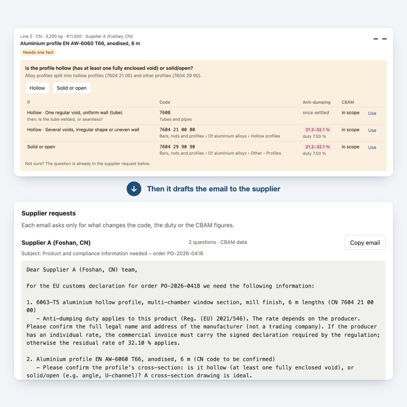 ThetaTrade asks whether the line 2 profile is hollow, shows the code for each answer and drafts the supplier email